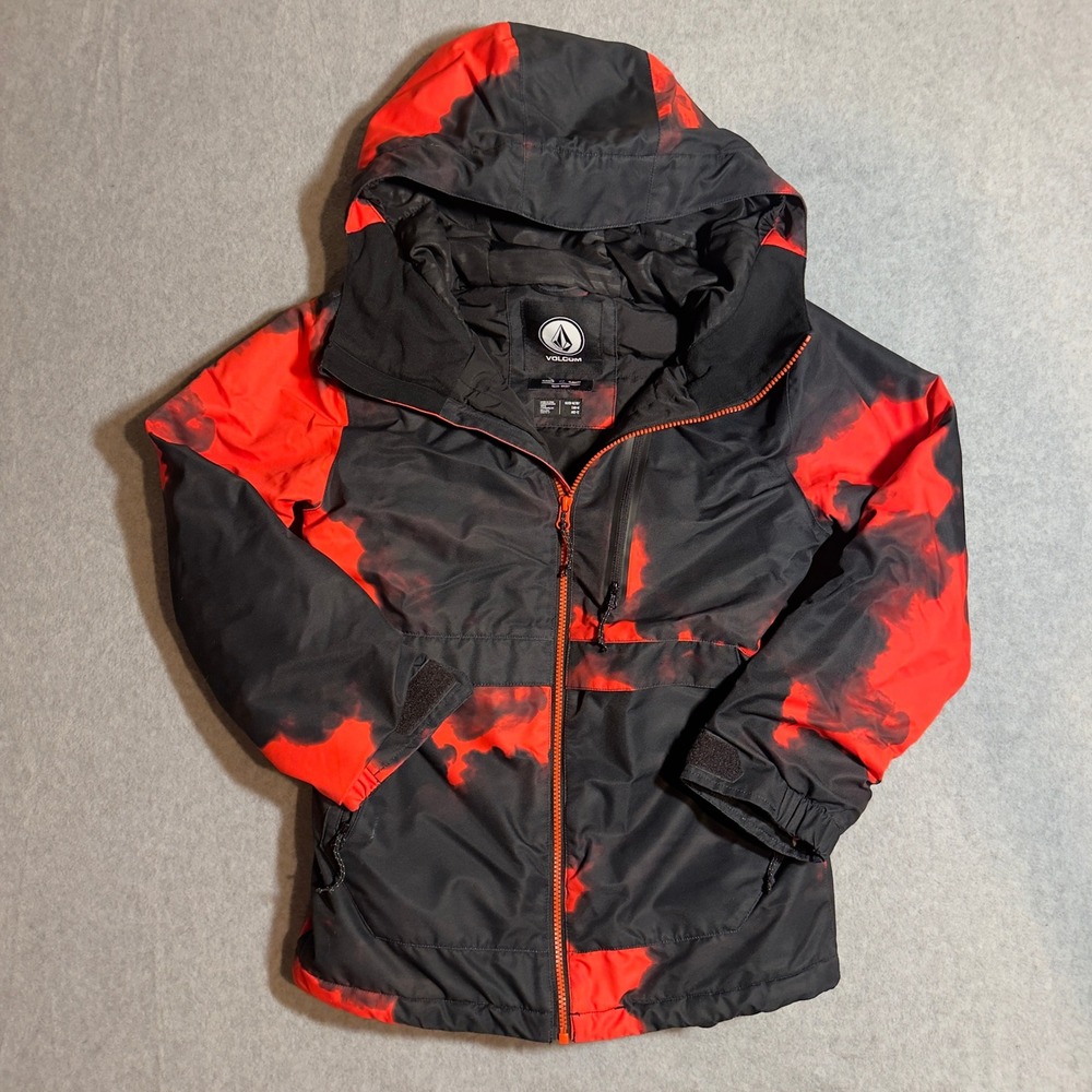 Volcom Kids Snow Jacket Red Black Smoke Print Waterproof Hooded Size Medium 10Y